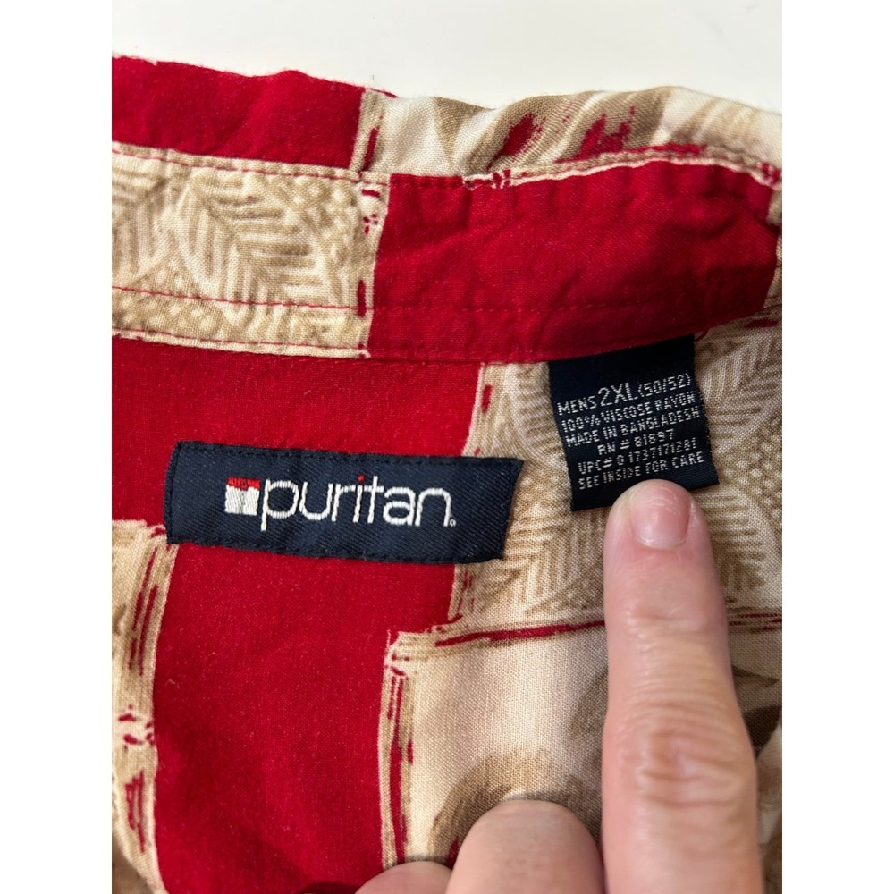 Puritan Mens Red Tropical Patchwork Hawaiian Shirt Short Sleeve Palm Leaf XXL - Picture 3 of 7